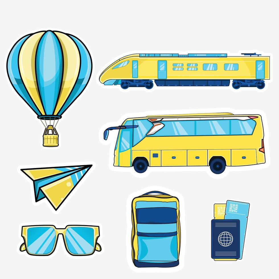 a set of stickers depicting a yellow bus, a balloon, a plane, and a passport vector