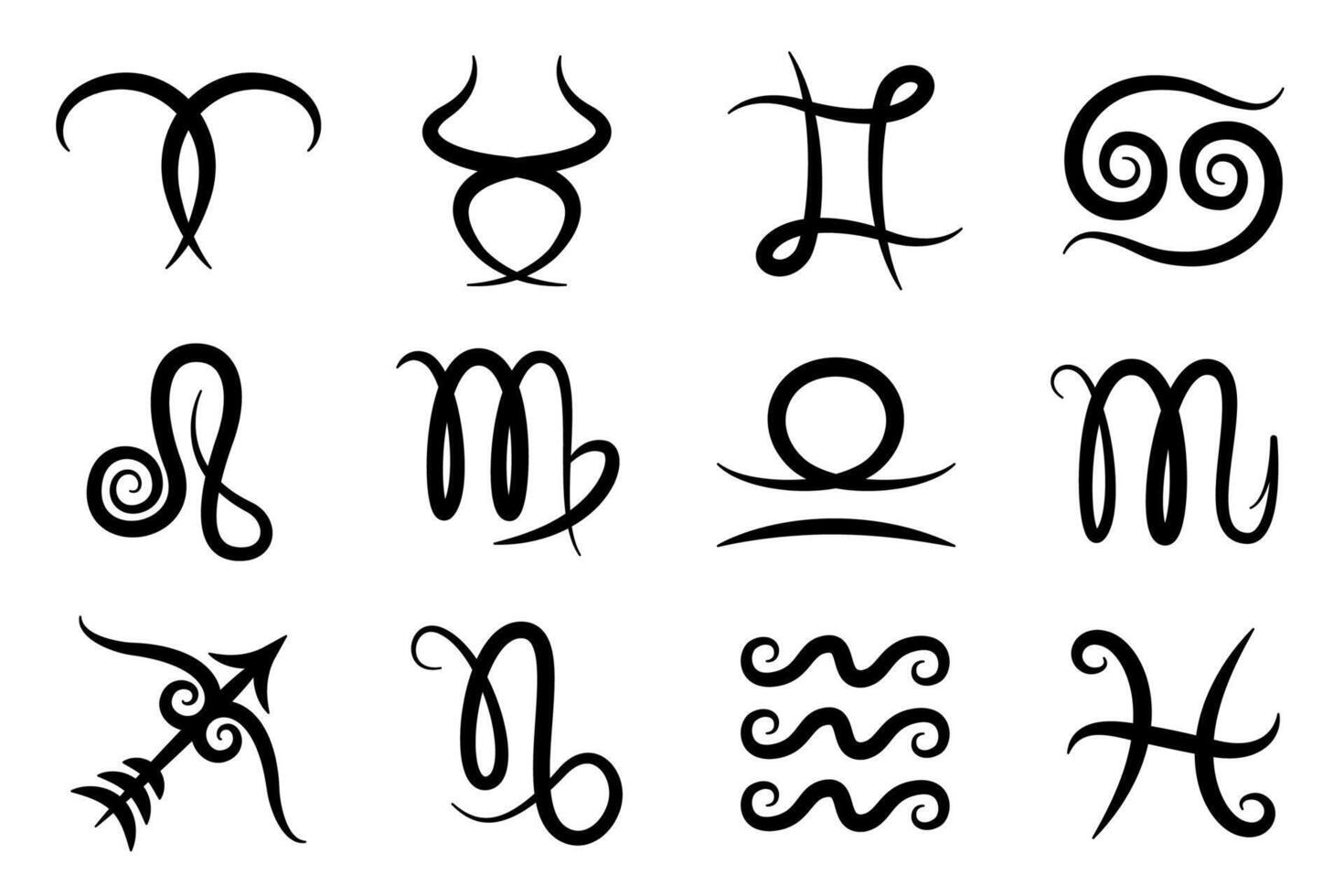 Zodiac symbols. Abstract calligraphic line art, stylized decorative zodiac symbols. vector
