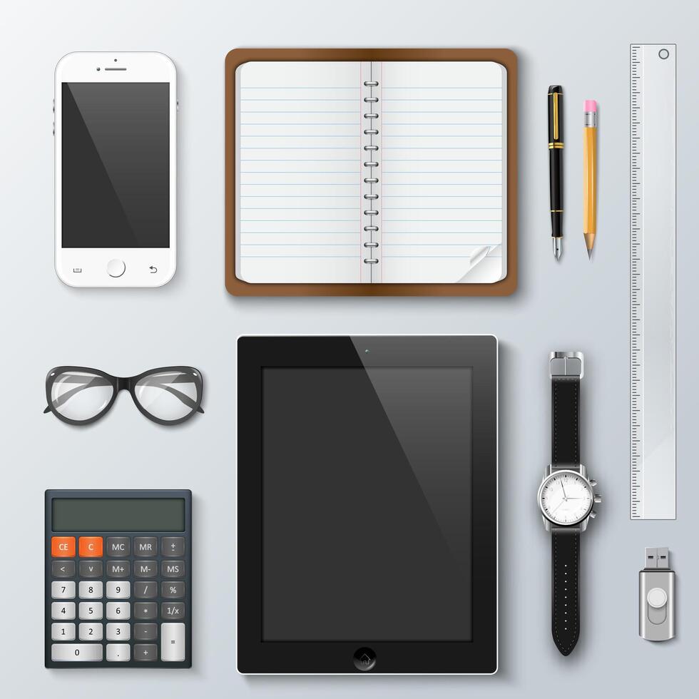 Workplace office and business work elements set. Mobile phone, calculator, notebook, pen, tablet, watches and other office things and equipment, finance and marketing objects, development tools. vector