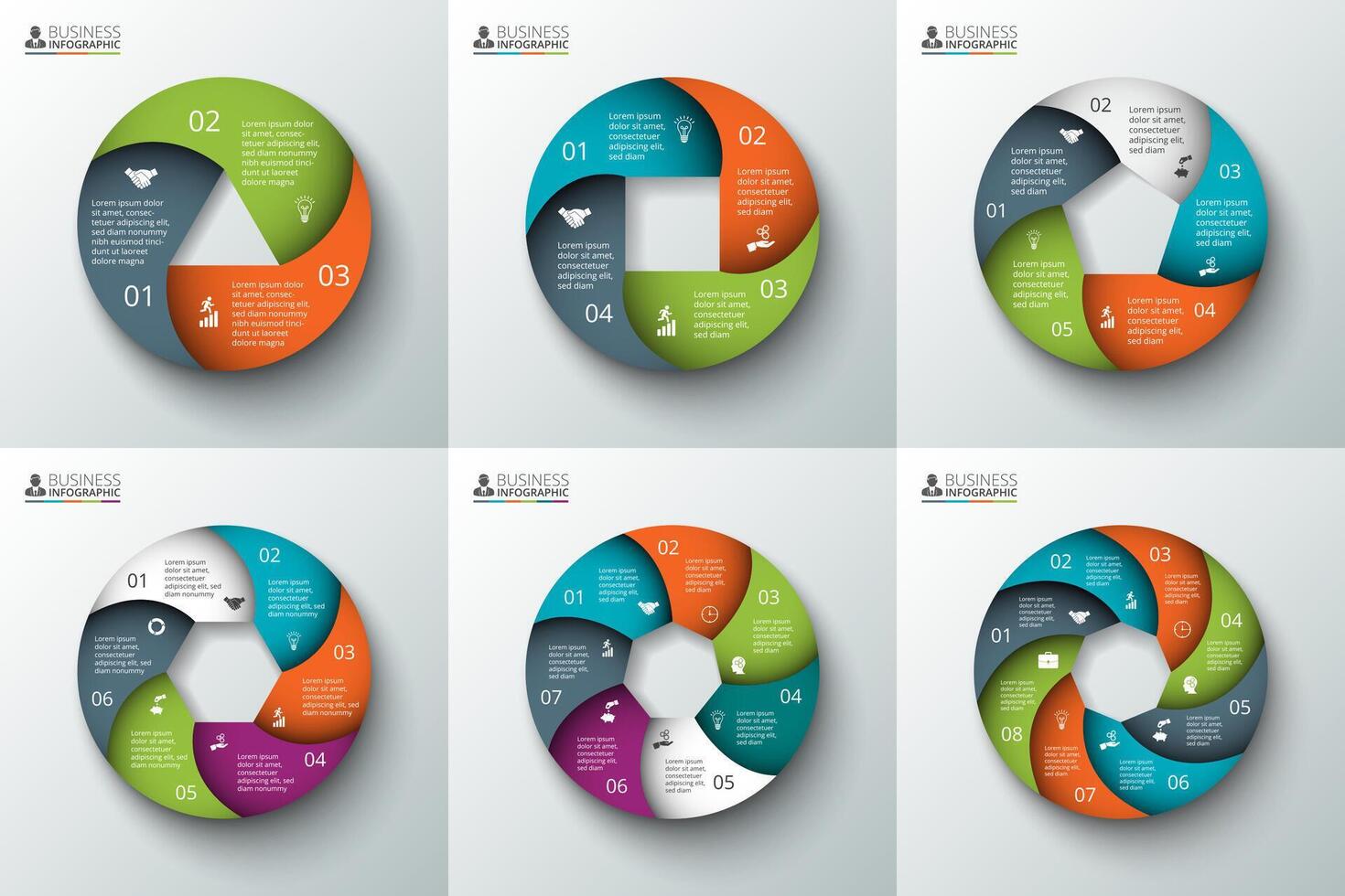 spiral circle element for infographic. Template for cycle diagram, graph, presentation and round chart. Business concept with 3, 4, 5, 6, 7 and 8 options, parts, steps or processes. vector
