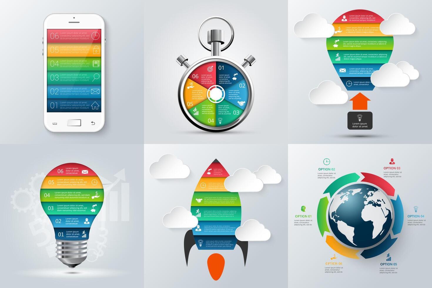 mobile phone, rocket, stopwatch, lightbulb and other elements for infographic. Template for diagram, graph, presentation and chart. Business concept with 6 options, parts, steps or processes. vector