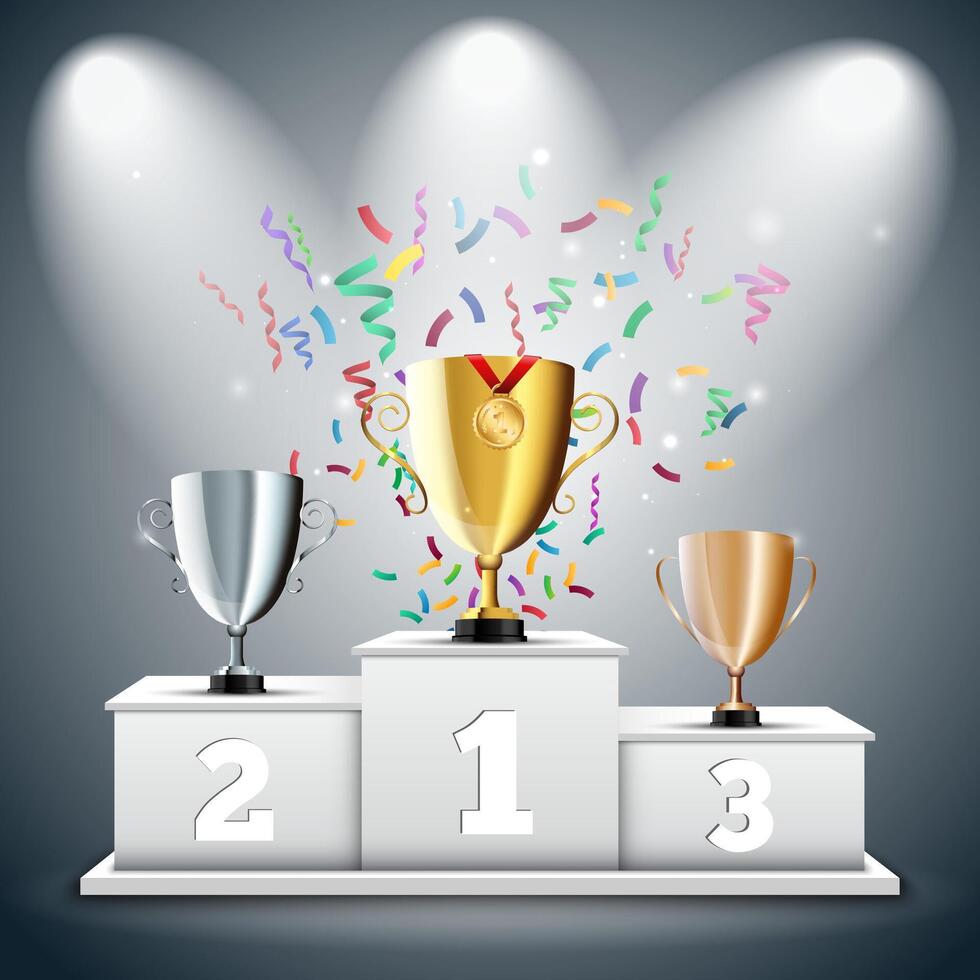 oro, plata y bronce trofeo taza en premio podio con papel picado. primero sitio otorgar. campeones o ganadores infografía elementos. ilustración. vector