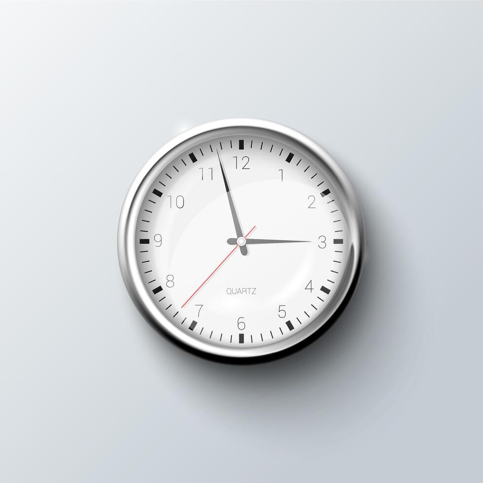 Classic round wall clock with shadow on the grey background. vector