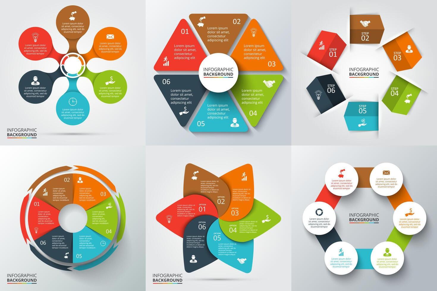 arrows, hexagon, circles and other elements for infographic. Template for cycle diagram, graph, presentation and round chart. Business concept with 6 options, parts, steps or processes. vector