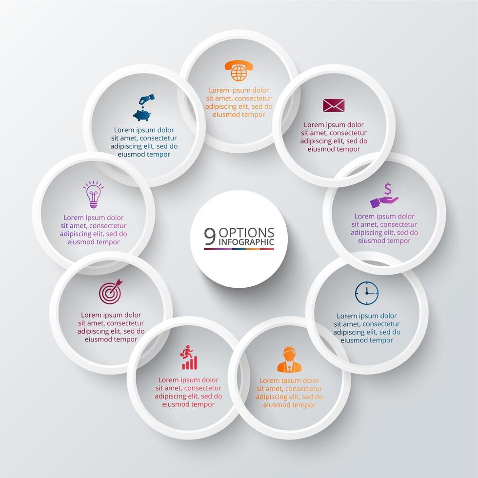 rings for infographic. Template for cycle diagram, graph, presentation and round chart. Business concept with 9 options, parts, steps or processes. Abstract background. vector