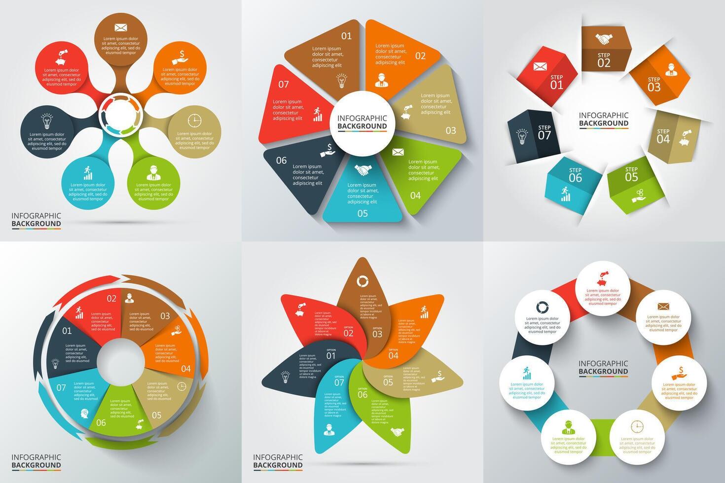 arrows, heptagon, circles and other elements for infographic. Template for cycle diagram, graph, presentation and round chart. Business concept with 7 options, parts, steps or processes. vector