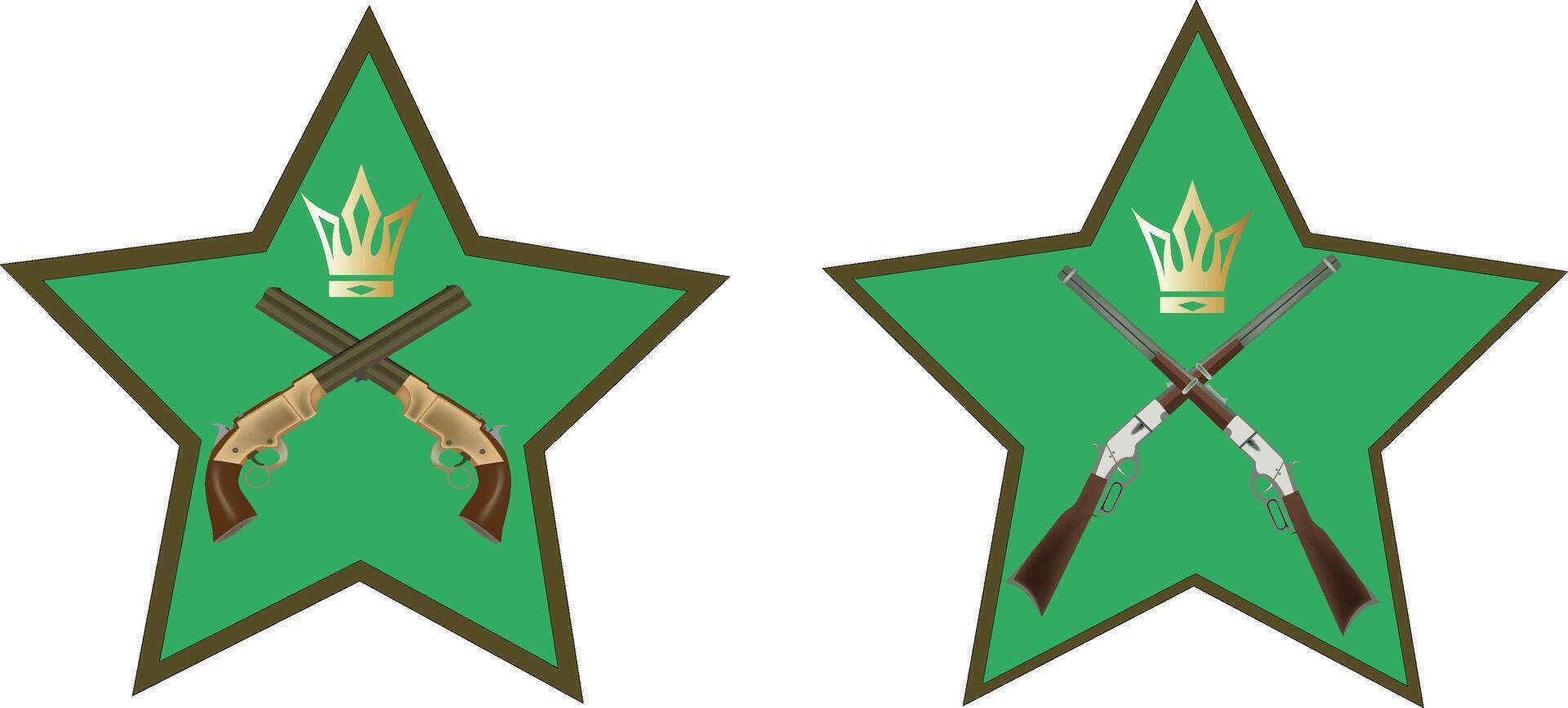 Two green stars with guns and a crown on them vector