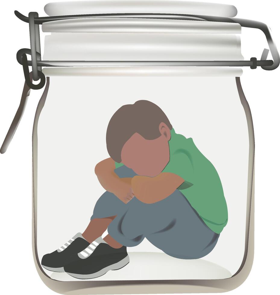 A boy is sitting in a jar with his head in his hands vector