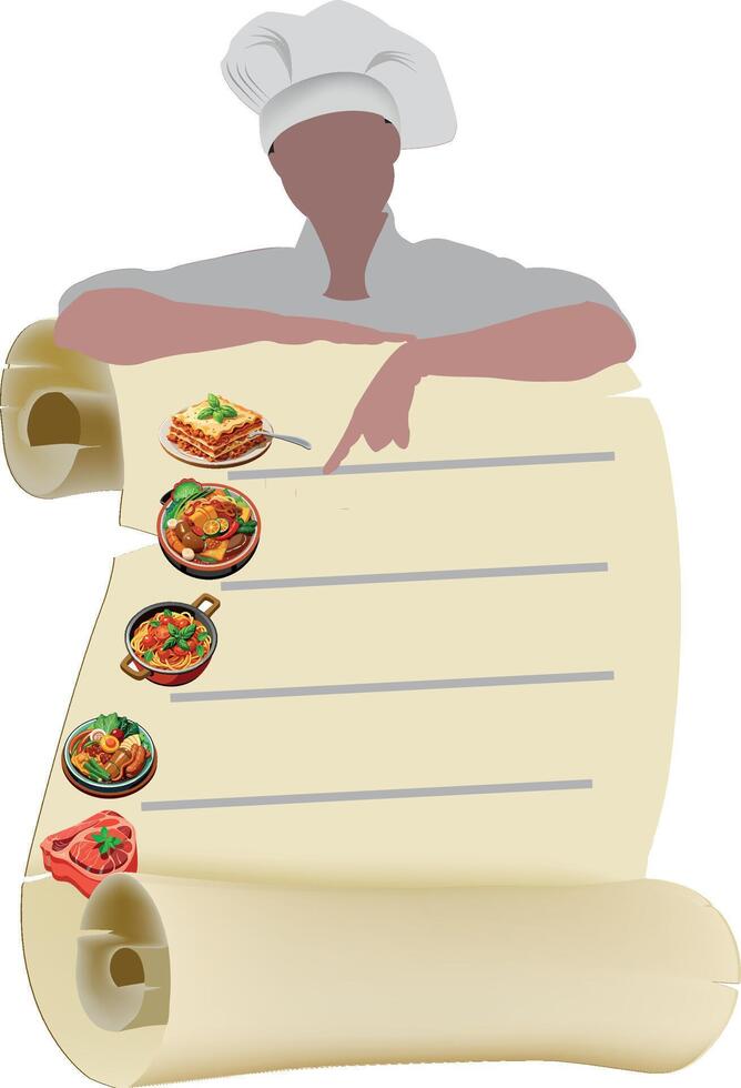 A chef holding a scroll with food on it vector