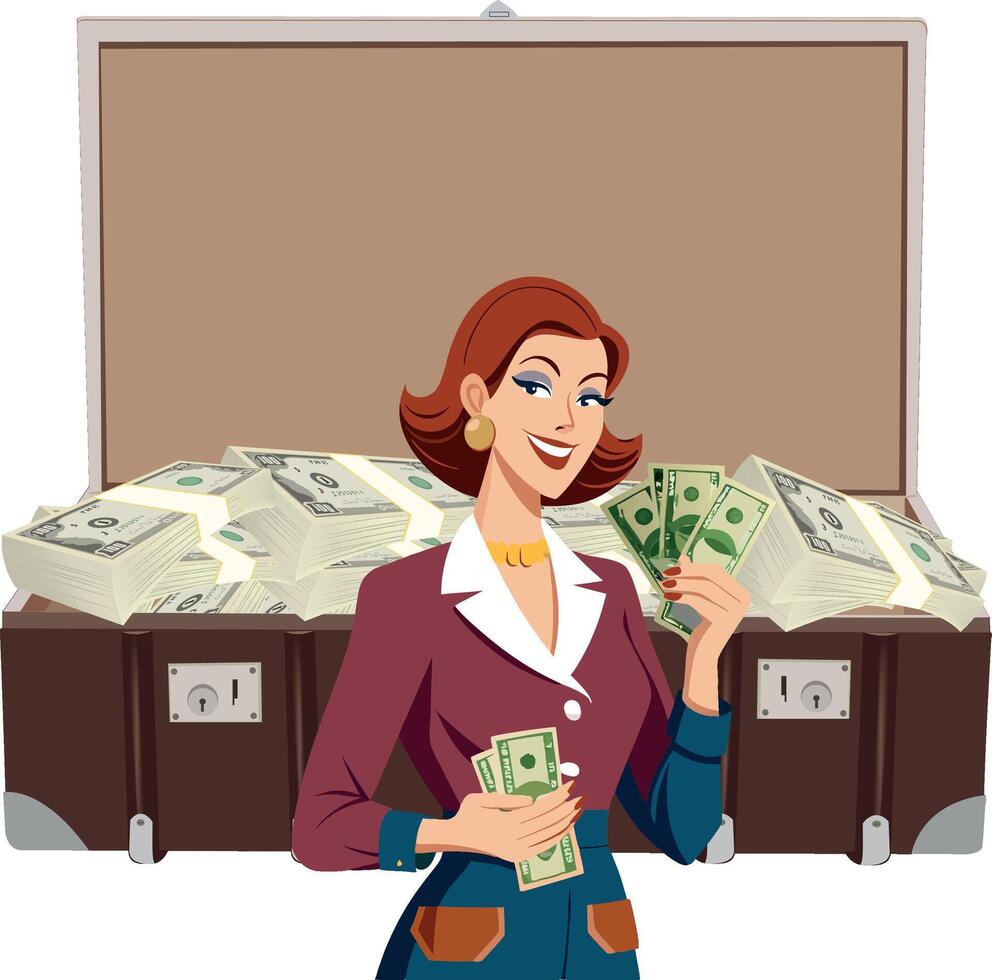 A woman holding money in front of a suitcase vector
