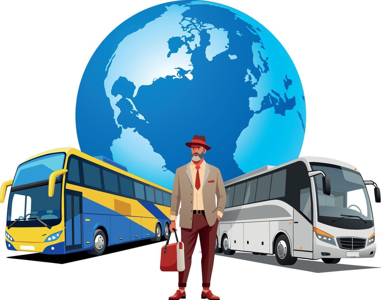 A man in a suit and tie is standing next to a bus and a yellow and blue bus vector