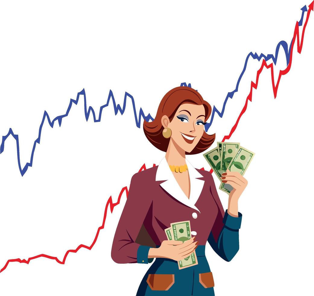 A woman holding money and a graph of a stock market vector