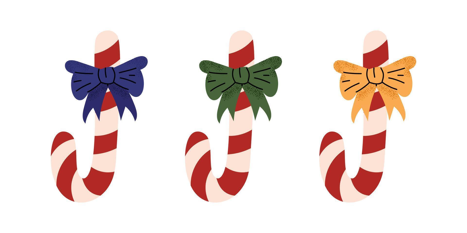 Set of candy canes with bows. Christmas striped sticks, a sweet Christmas dessert. Winter red and white caramel snack. Flat illustration isolated on white background vector