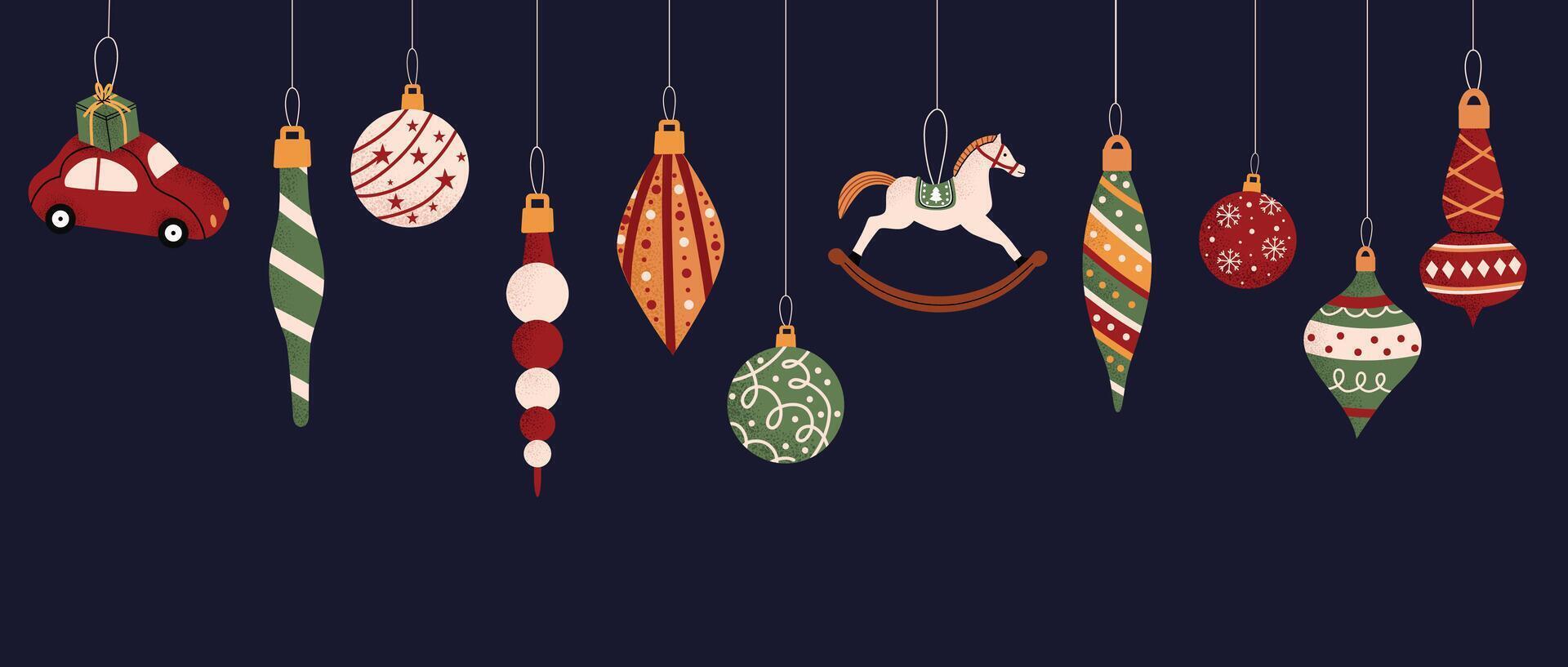 Christmas banner with different decorative toys, balls. Cute Winter holiday background for Happy New Year greetings. Color flat illustration with blue isolated background. vector