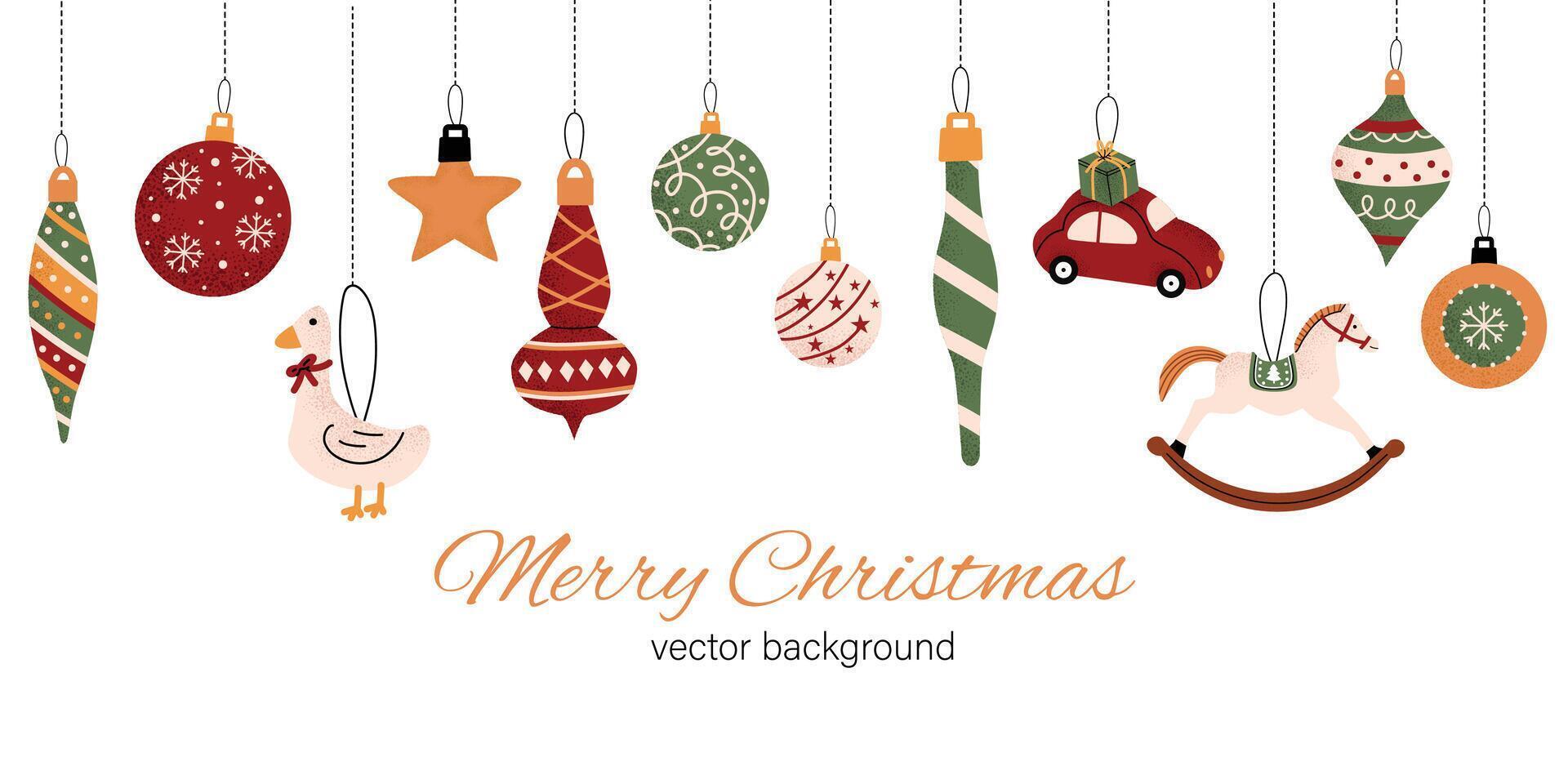 Christmas banner with cute decorative toys. Winter festive background for greetings with new year. Color flat illustration with white isolated background. vector