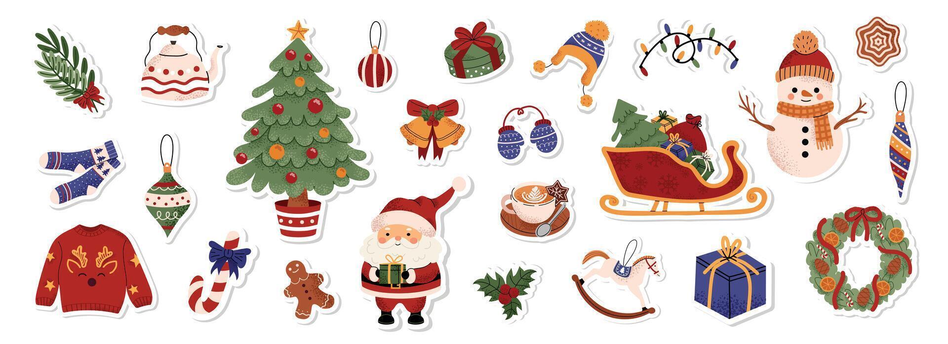 Christmas stickers collection with Santa, snowman, decorated tree, cozy sweater, wreath, presents, and holiday decorations. Winter elements for scrapbooking. Hand drawn style. White background. vector