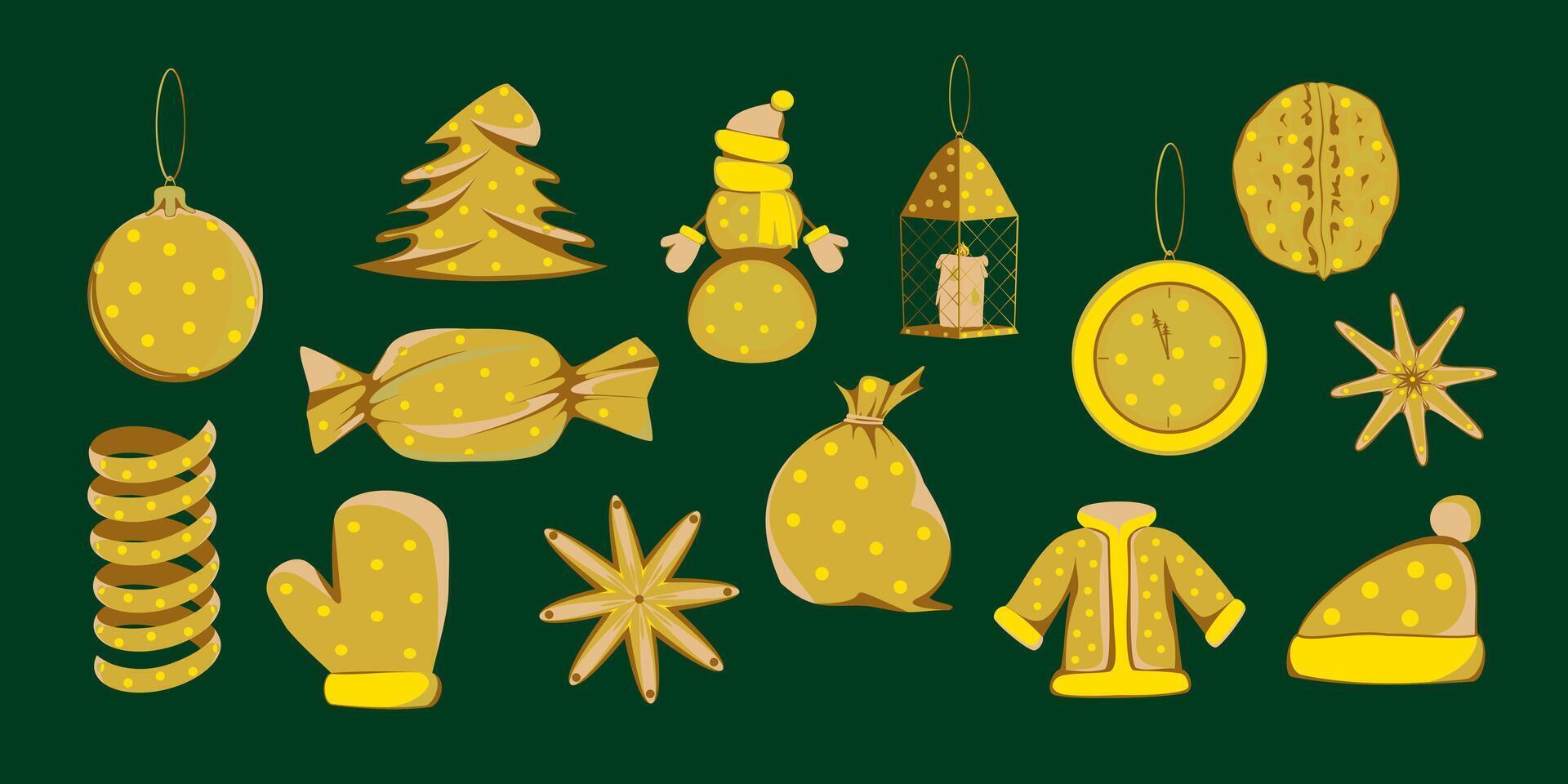 Set with elements of Christmas, New Year, winter tinsel in gold tones on a green background vector