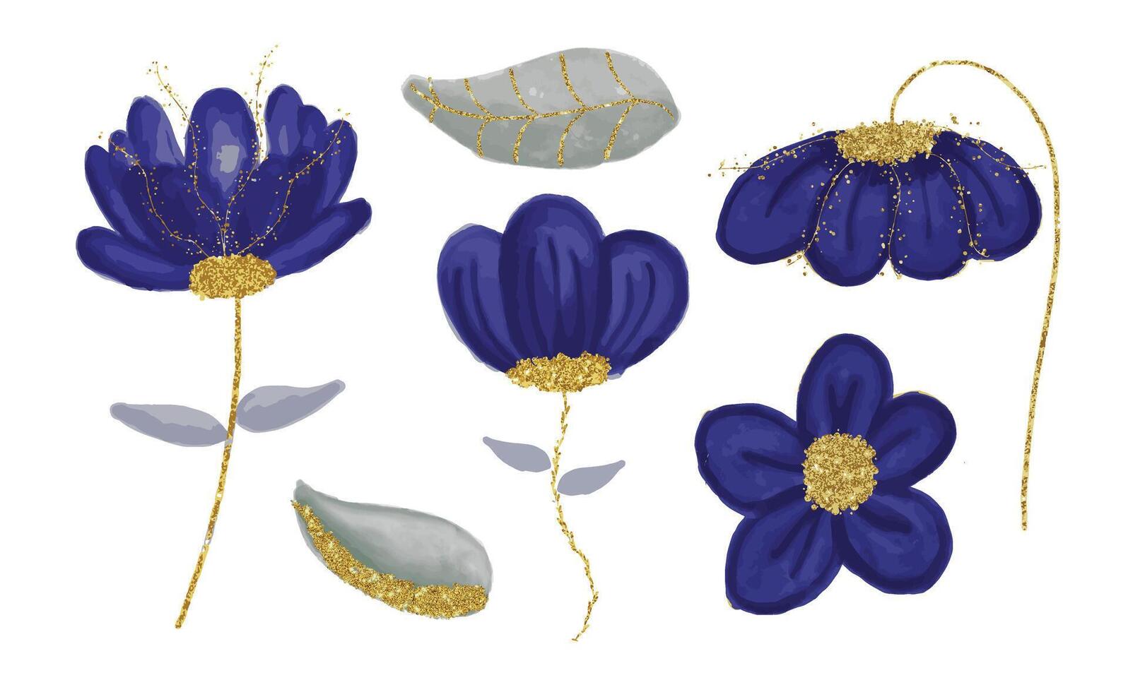 Set navy blue indigo purple gold glitter floral flower watercolor leaf vector