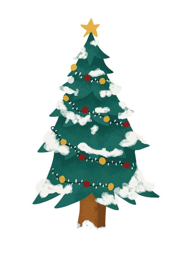 cute Christmas tree with lights ornament snow winter watercolor illustration vector