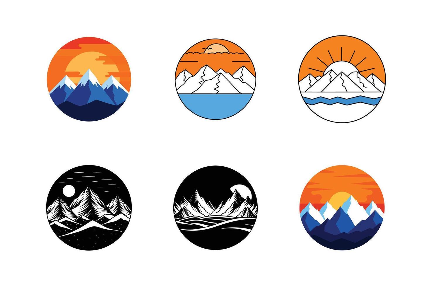 Mountain Circular Icon Set - Sunrise Silhouette Illustration for Scenic, Adventure, and Nature Designs vector