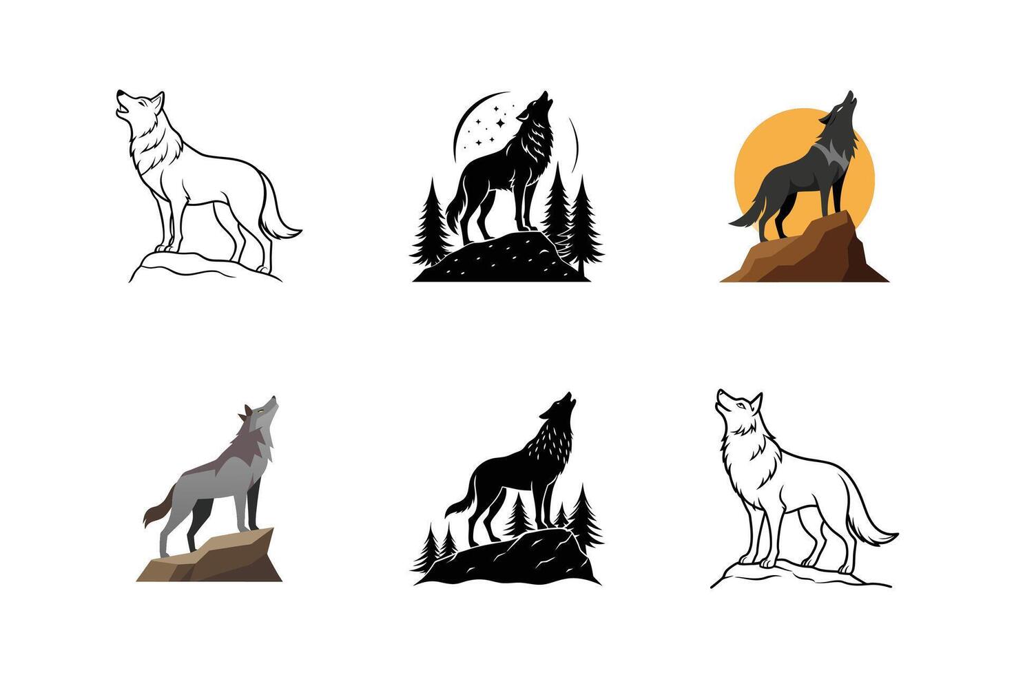 Howling Wolf Set - Silhouette Illustration for Majestic Nature and Wilderness Designs vector