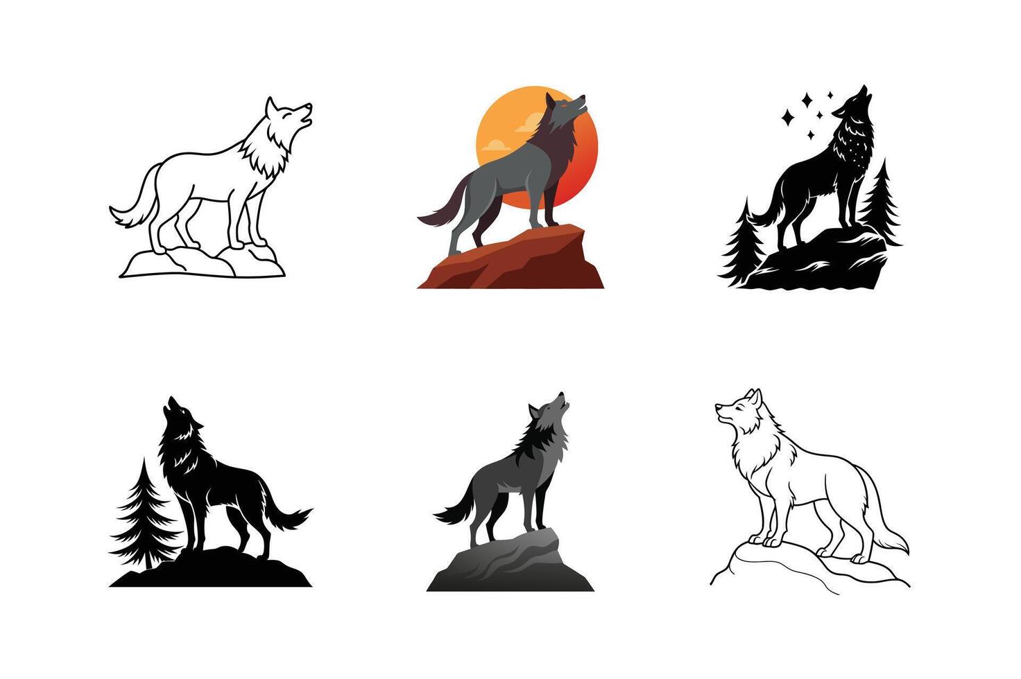 Howling Wolf Silhouette Set - Majestic Wildlife Illustration for Nature and Wilderness Designs vector