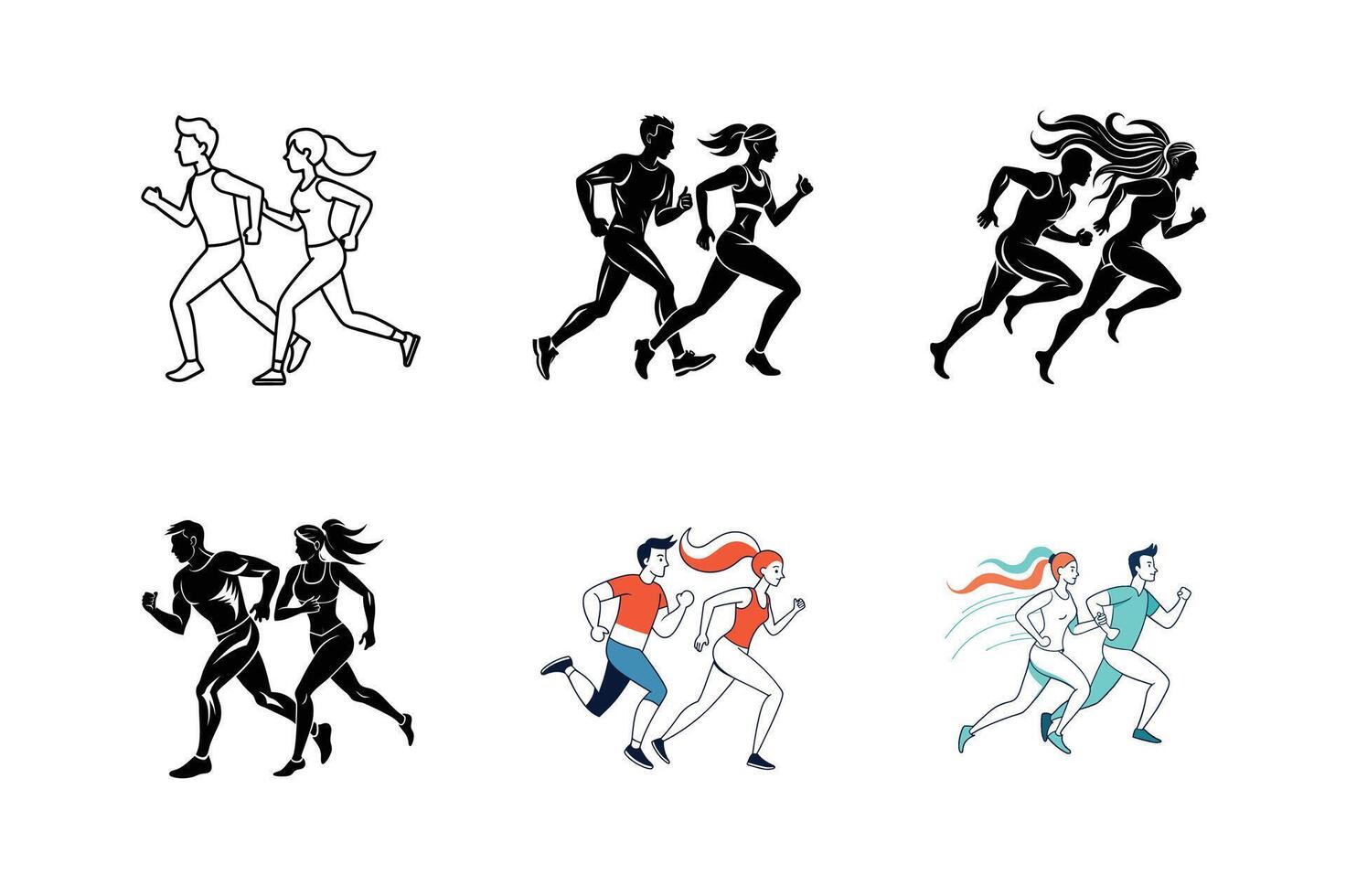 Running Couple Silhouette Set - Dynamic Illustration of Fitness and Companionship for Active Lifestyle Designs vector