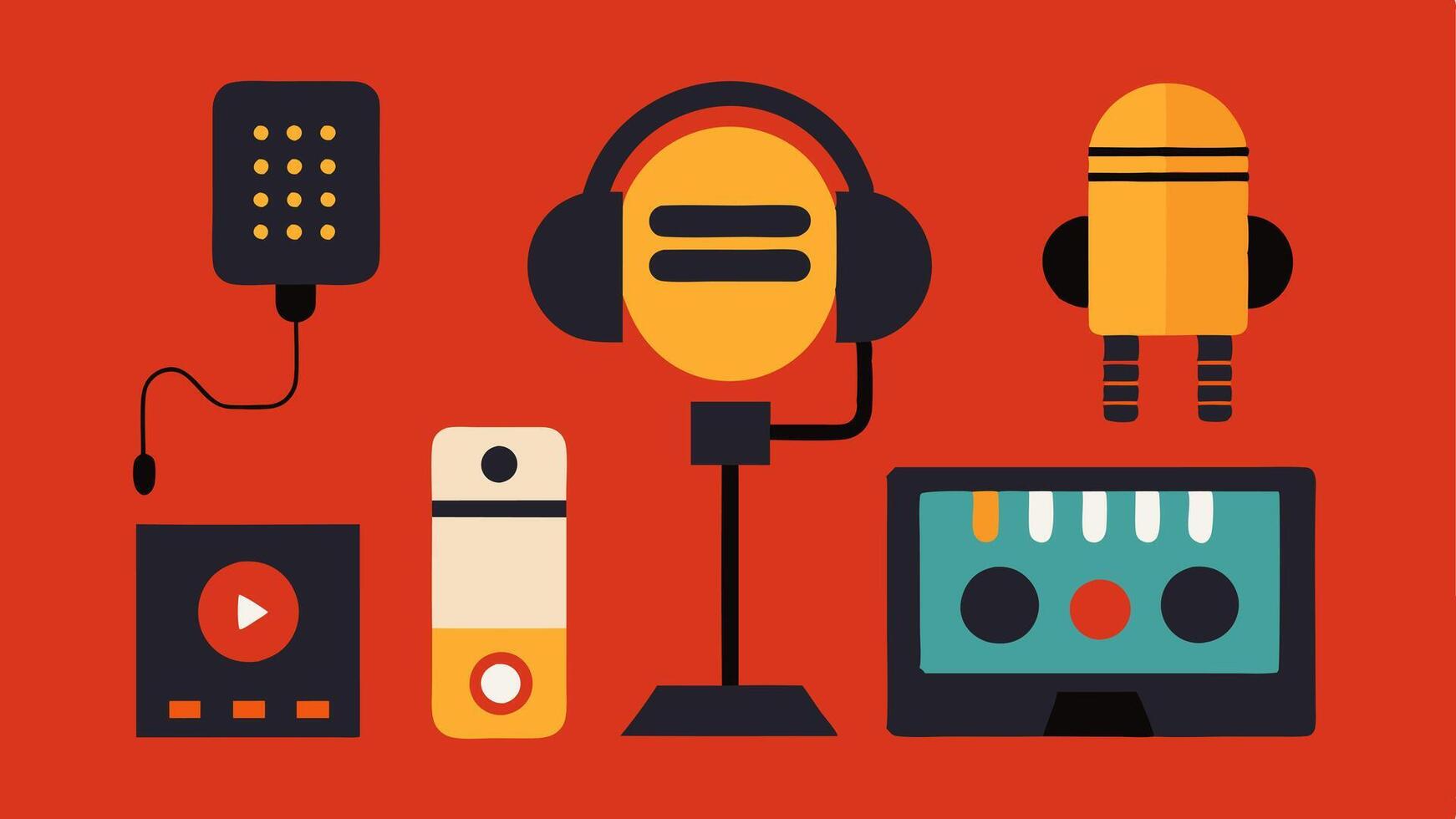 Technical Setup A graphic representation of the diverse technical gear used by the host including microphones audio interfaces and sound mixers emphasizing the technical side of. vector