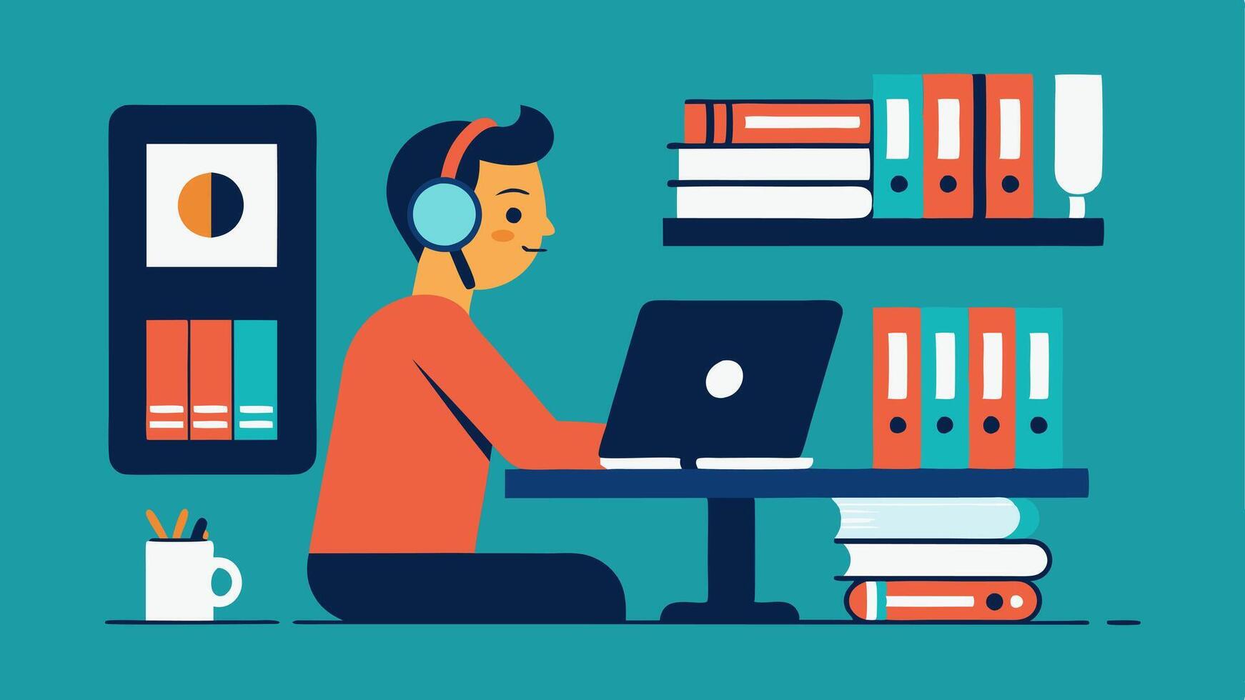 Sound Effects and Music Selection Illustrate a producer browsing through a library of sound effects and music tracks on a computer with headphones on and foot tapping to the. vector