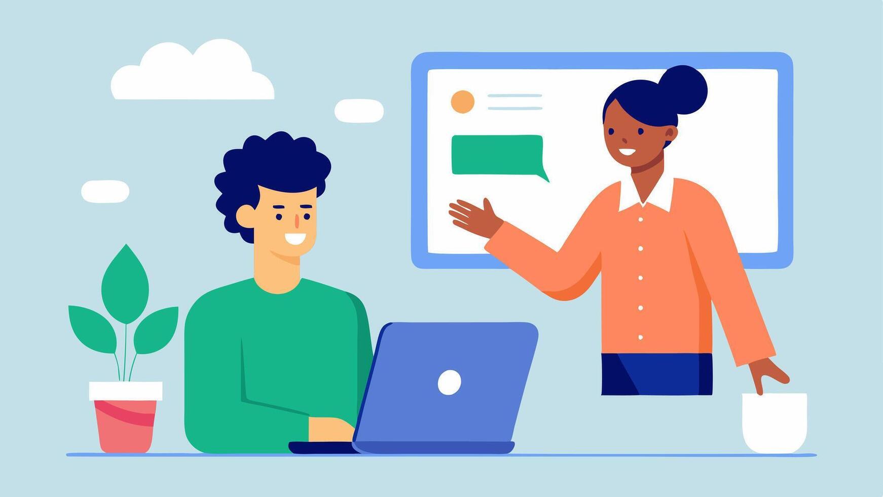 Remote Onboarding Session A facilitator guiding a new employee through an online onboarding process via a laptop showcasing welcome materials and virtual introductions.. vector