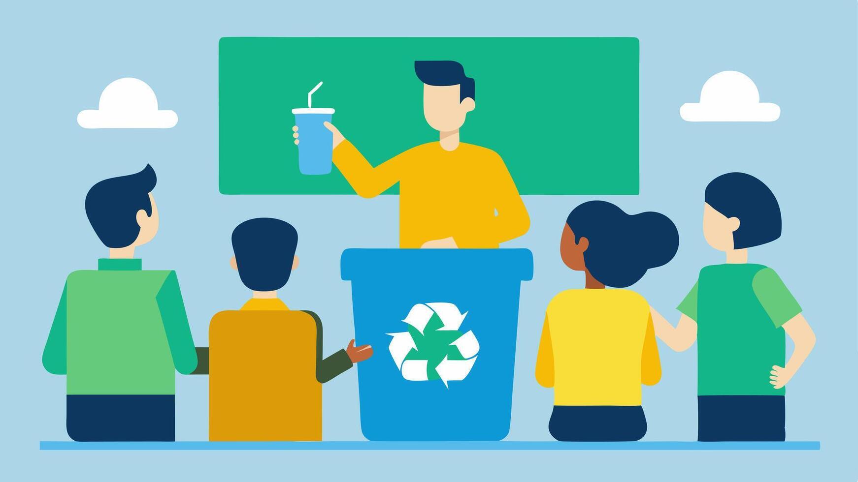 Recycling Workshop An illustration of a workshop setting where the consultant is teaching a group of employees how to properly recycle materials complete with visual aids.. vector