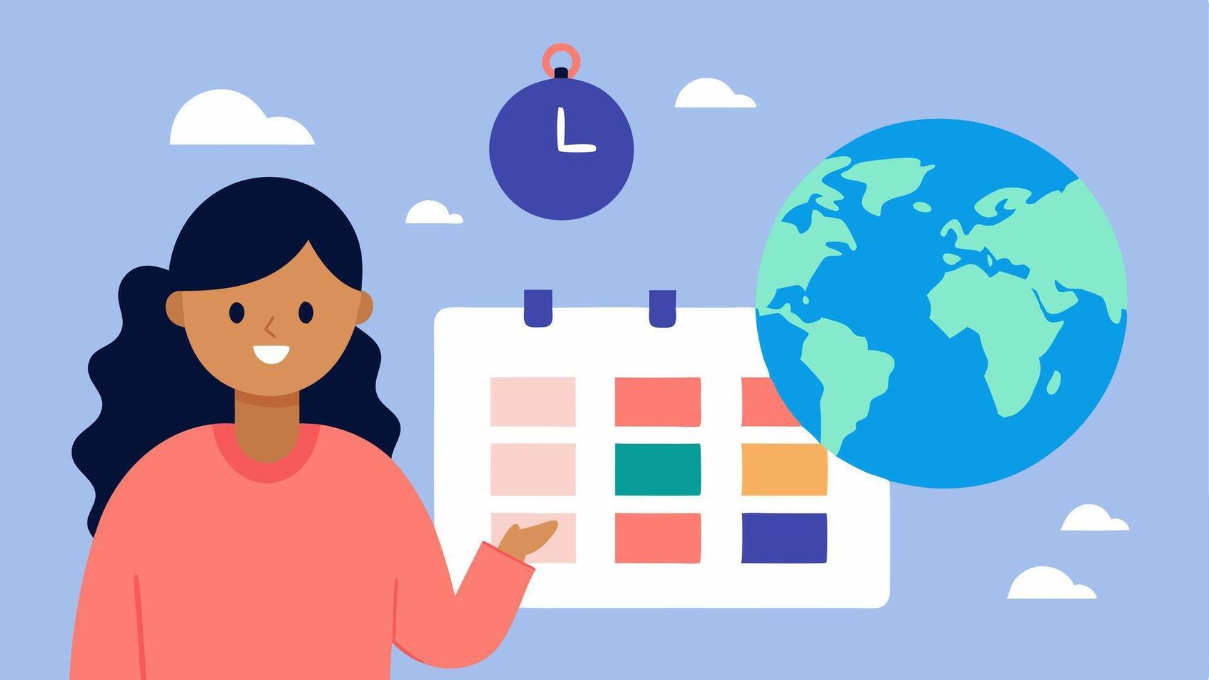 Time Zone Coordination A world clock showing different time zones with a female coordinator marking times on a calendar emphasizing scheduling across different locations.. vector