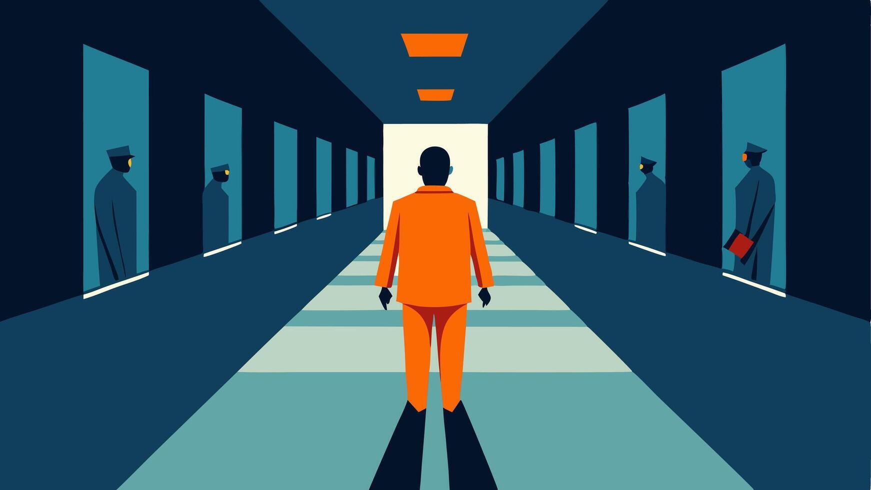 Surveillance Camera View An illustration depicting a view from a surveillance camera showing a guard monitoring inmates walking in a prison corridor.. vector