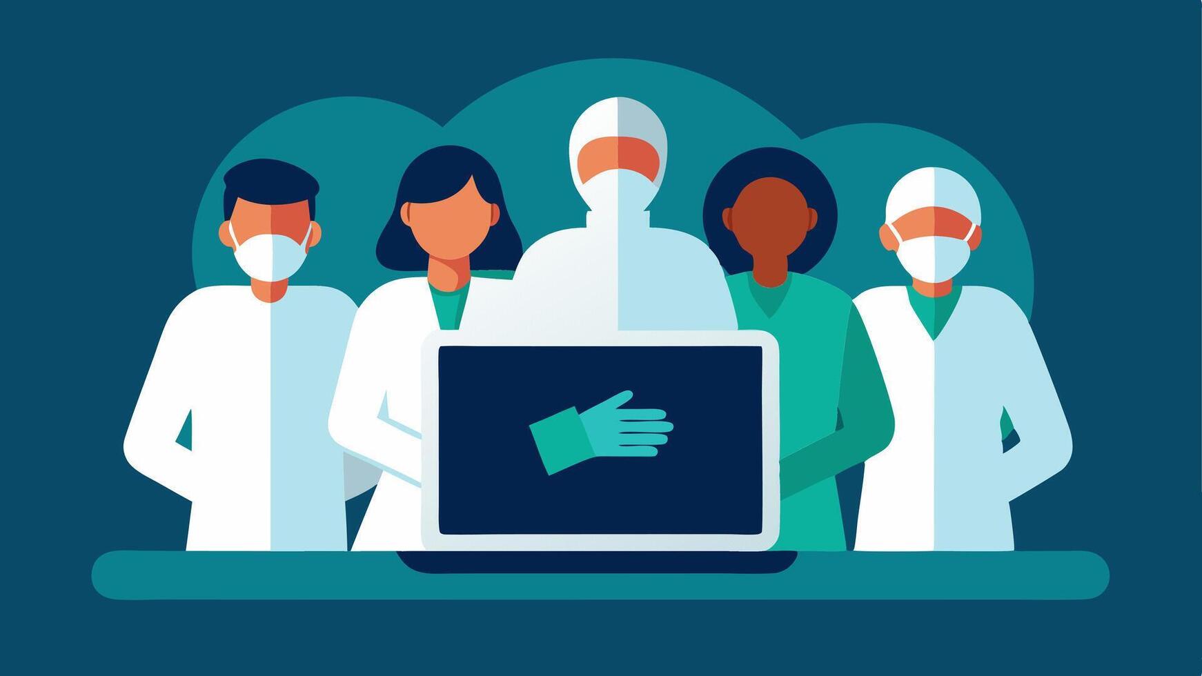 Team in Action A diverse group of forensic team members wearing lab coats and gloves huddled around a laptop displaying a 3D model of a crime scene.. vector