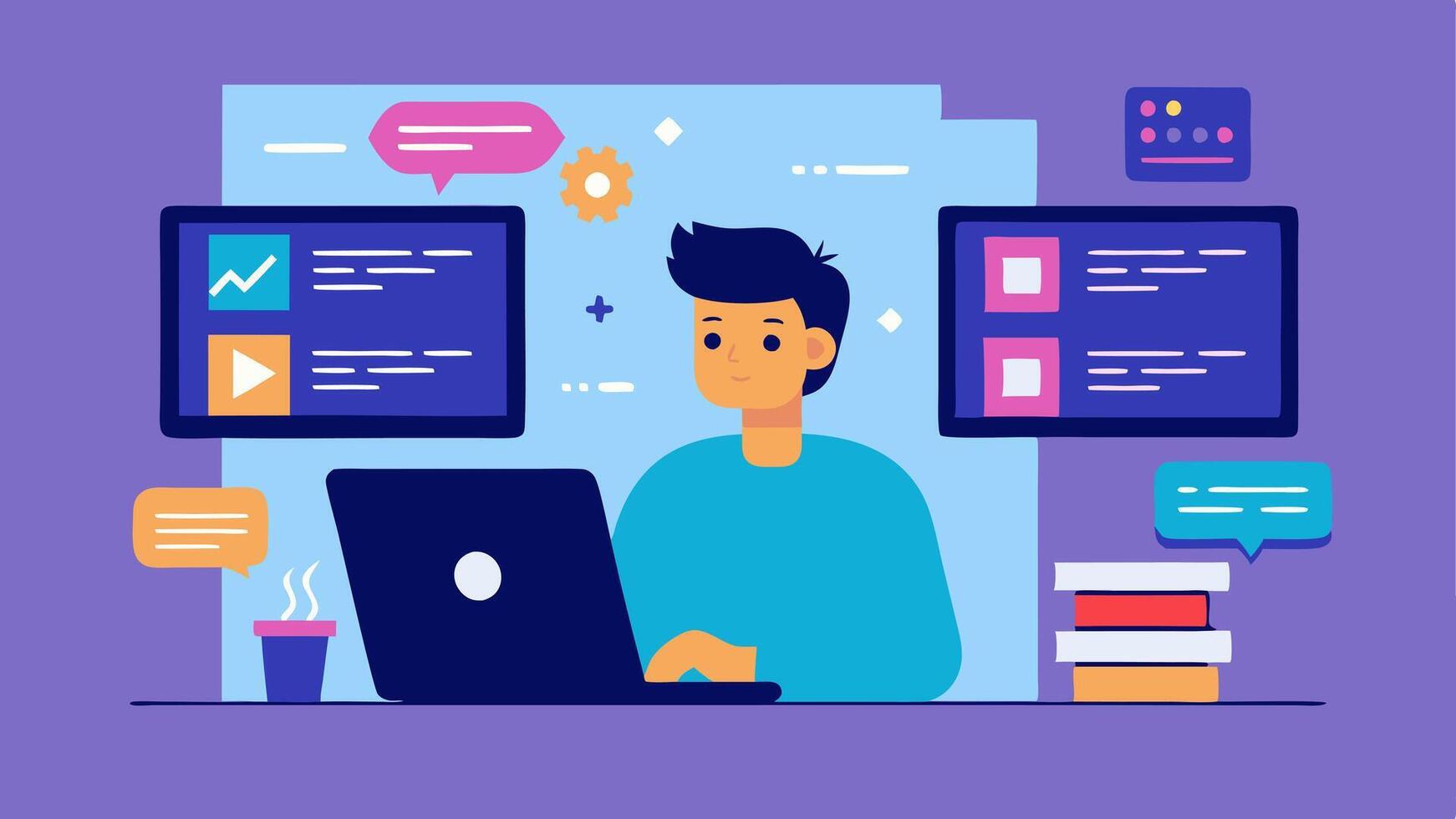 pruebas fase un desarrollador depuración un descentralizado solicitud en un computadora con múltiple pantallas mostrando error registros y pruebas resultados inmerso en su trabajar.. vector