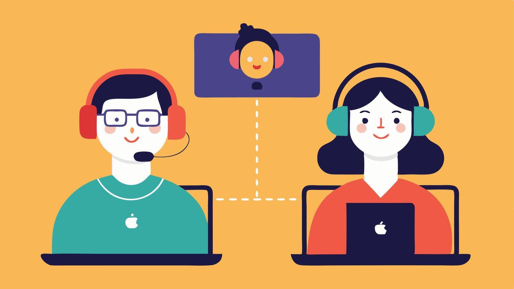 Remote Podcasting Session An illustration of two speakers in different locations connected via their laptops with headphones on and a podcast producer managing the call on a. vector
