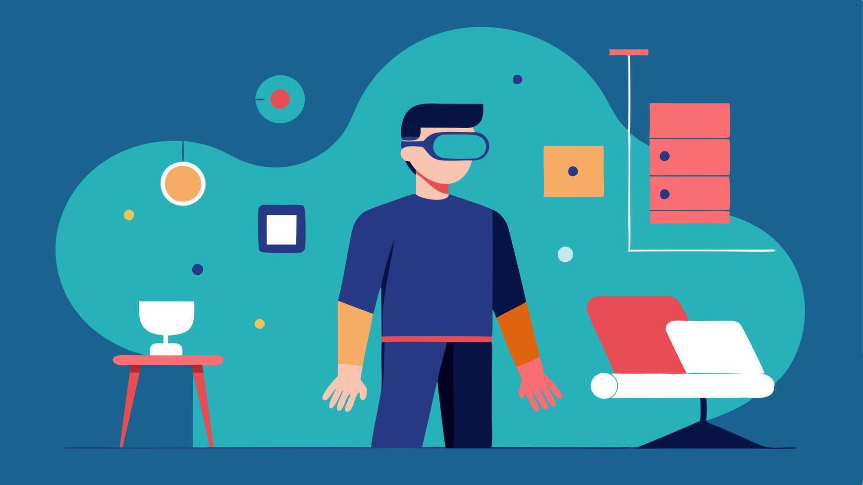 Virtual Reality Design A designer wearing VR goggles immersed in a virtual room where they can manipulate furniture and decor elements.. vector