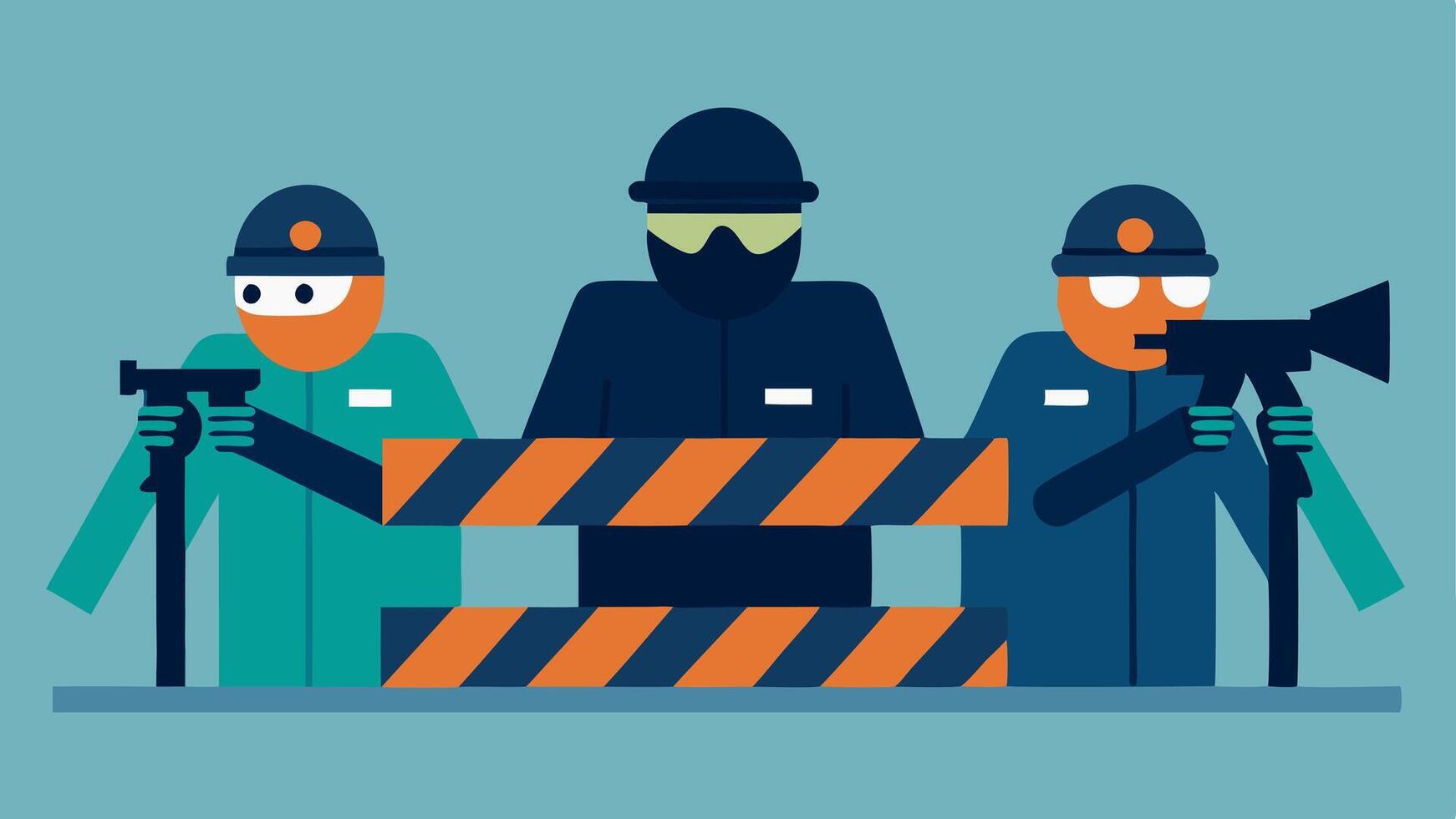 Tactical Team Setup A sketch of a police tactical team hiding behind barriers with one officer communicating via radio while watching a deal through a scope.. vector