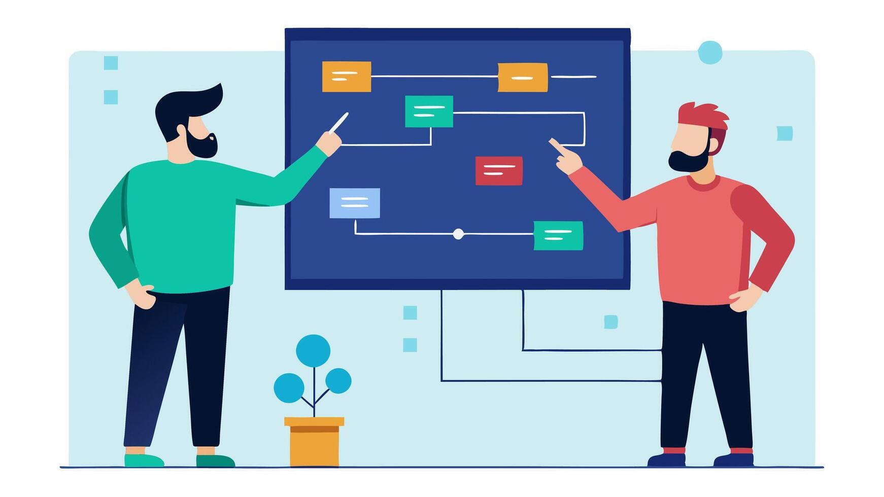 Technical Discussion Two developers engage in a discussion pointing to a large screen that displays technical diagrams and flowcharts for a new VR project.. vector