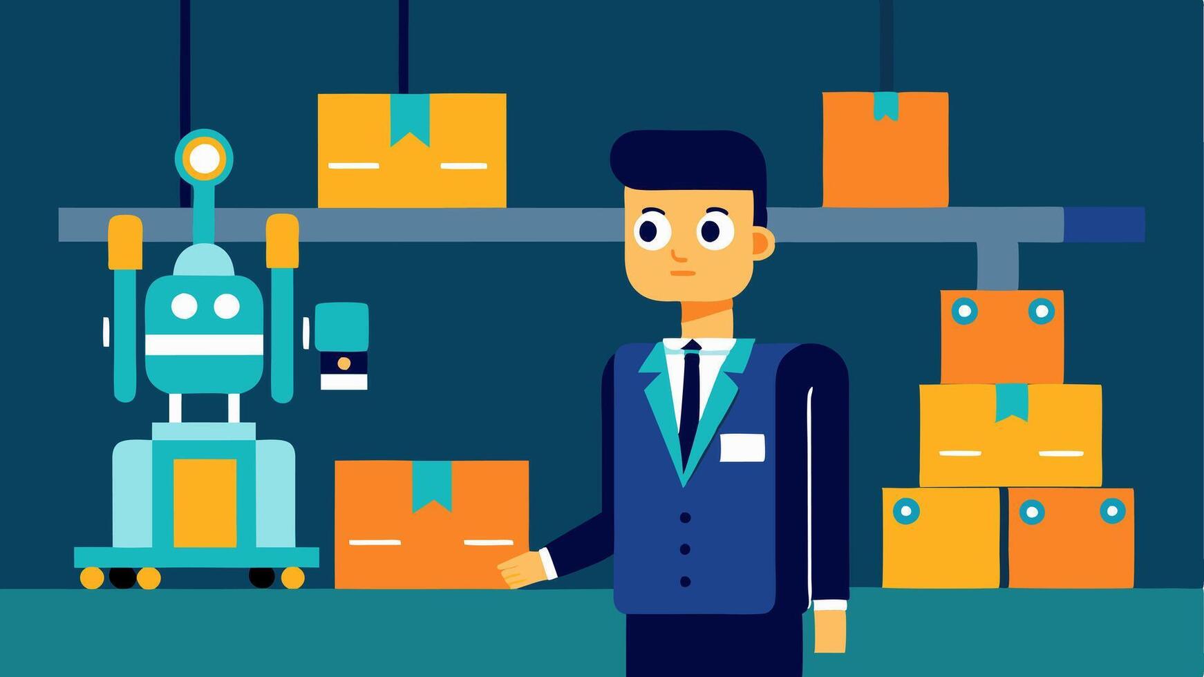 Warehouse Robotics A scene where a manager oversees AIpowered robots moving goods efficiently in a warehouse highlighting automation in logistics.. vector
