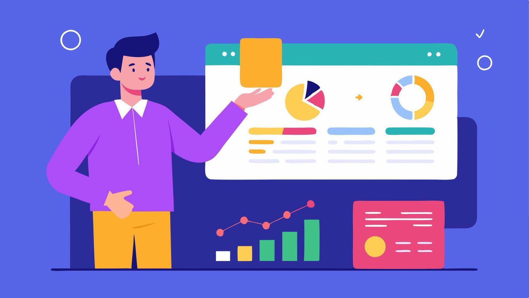 Success Metrics Dashboard A consultant presenting a digital dashboard on a screen displaying key metrics such as subscriber growth and churn rate with vibrant colors.. vector