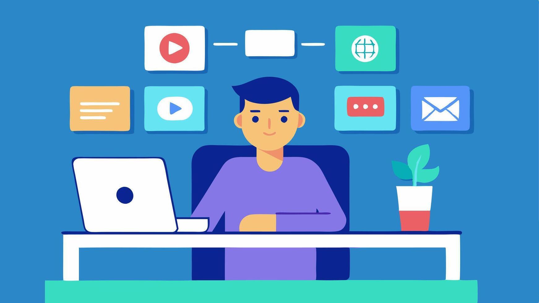 Social Media Previews A editor sitting at a desk with a splitscreen view showing various social media platforms with thumbnails of their edited videos ready for upload.. vector