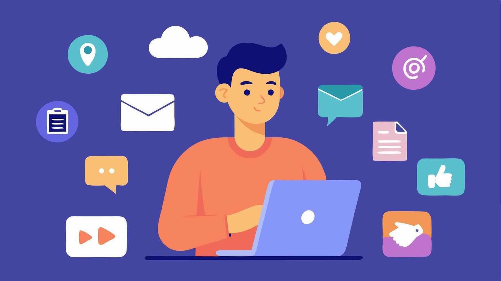 Social Media Prep A content creator crafting social media posts with a tablet surrounded by icons of social platforms and a virtual assistant aiding in optimizing the content.. vector