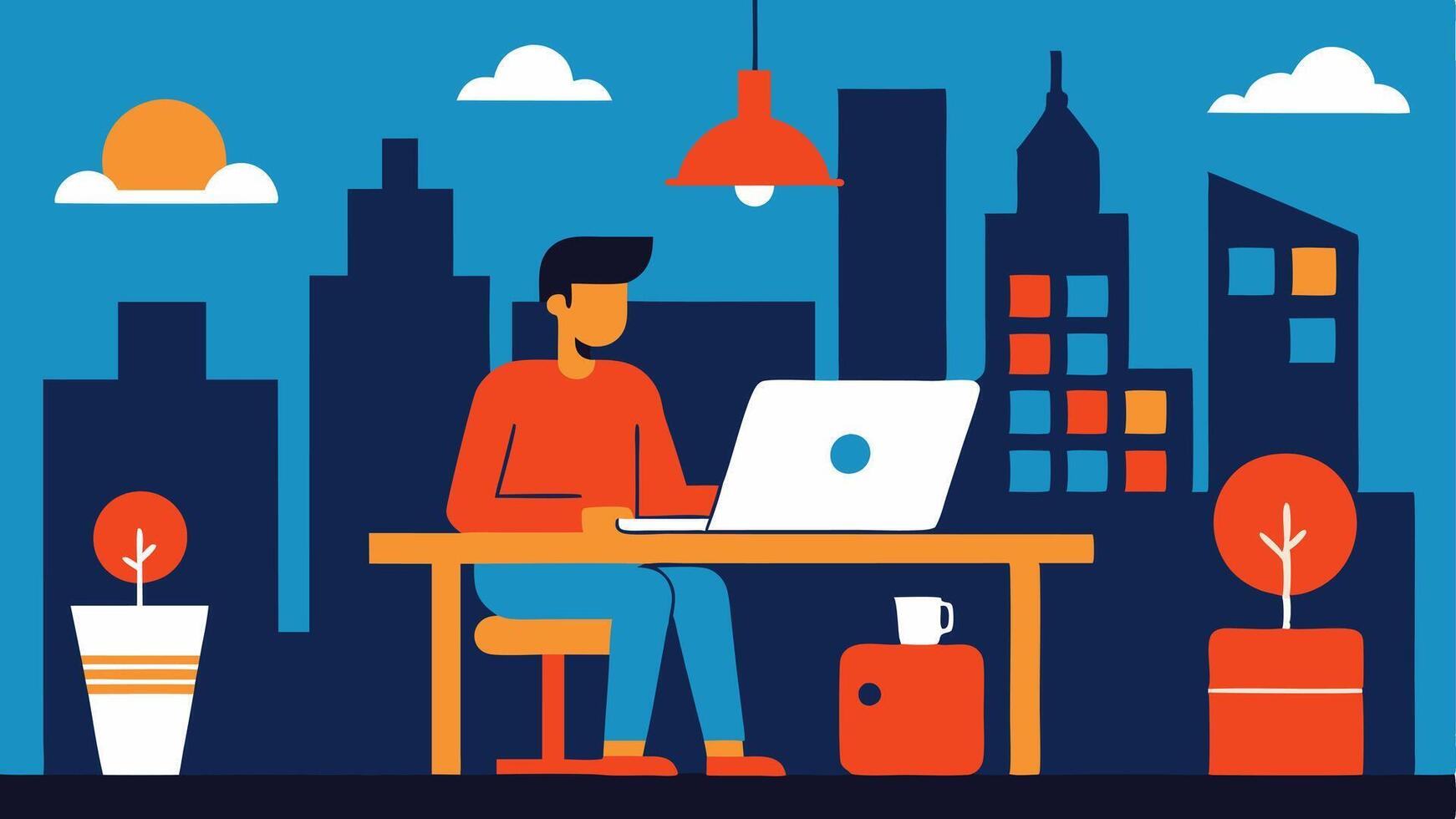 Urban Workspace A digital freelancer in a trendy loft with industrial decor focused on their laptop at a modern desk and inspirational art on the walls.. vector