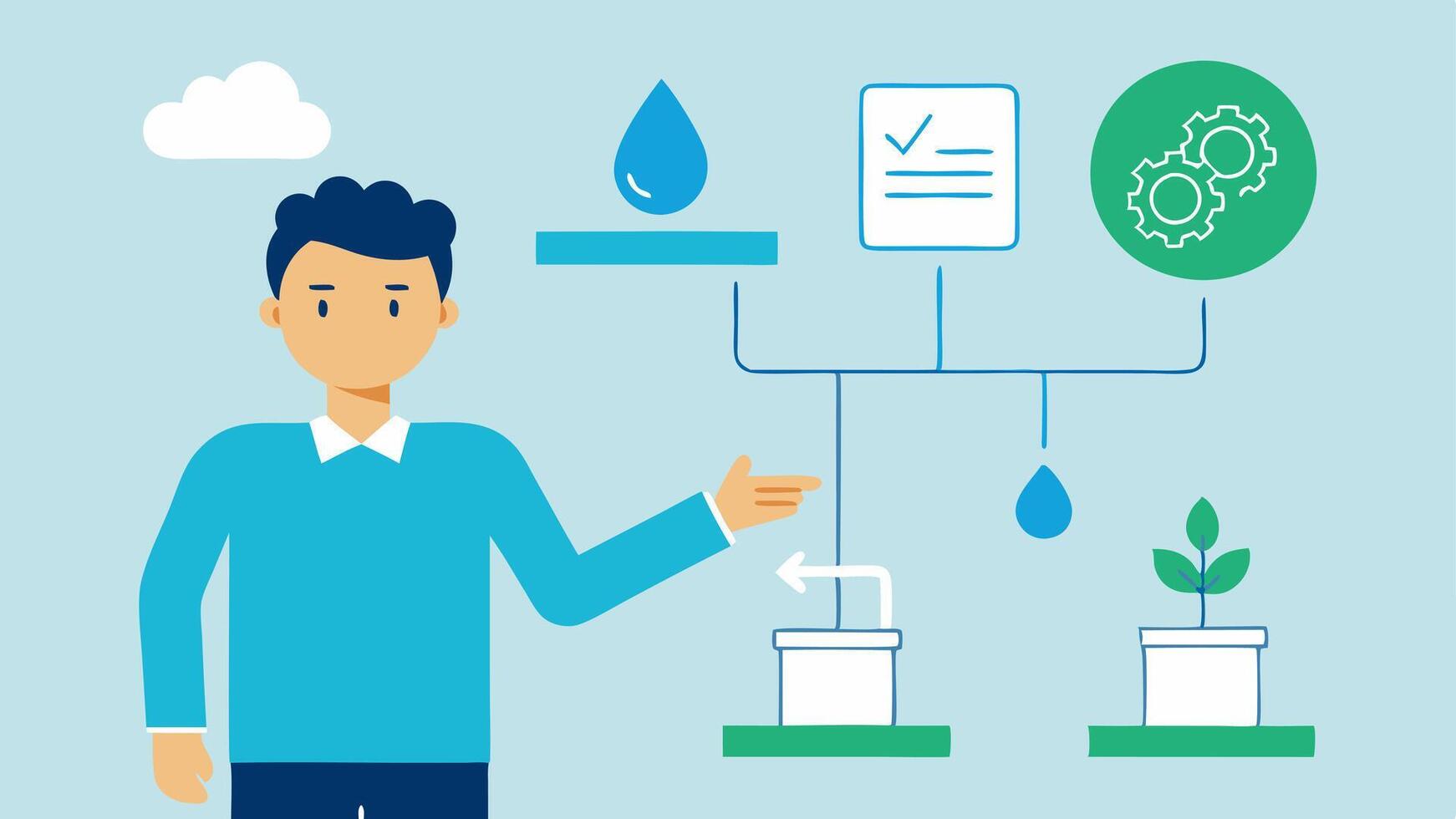 Water Conservation Solutions An advisor explaining rainwater harvesting systems and greywater recycling ods with visual aids like diagrams showing water flow.. vector