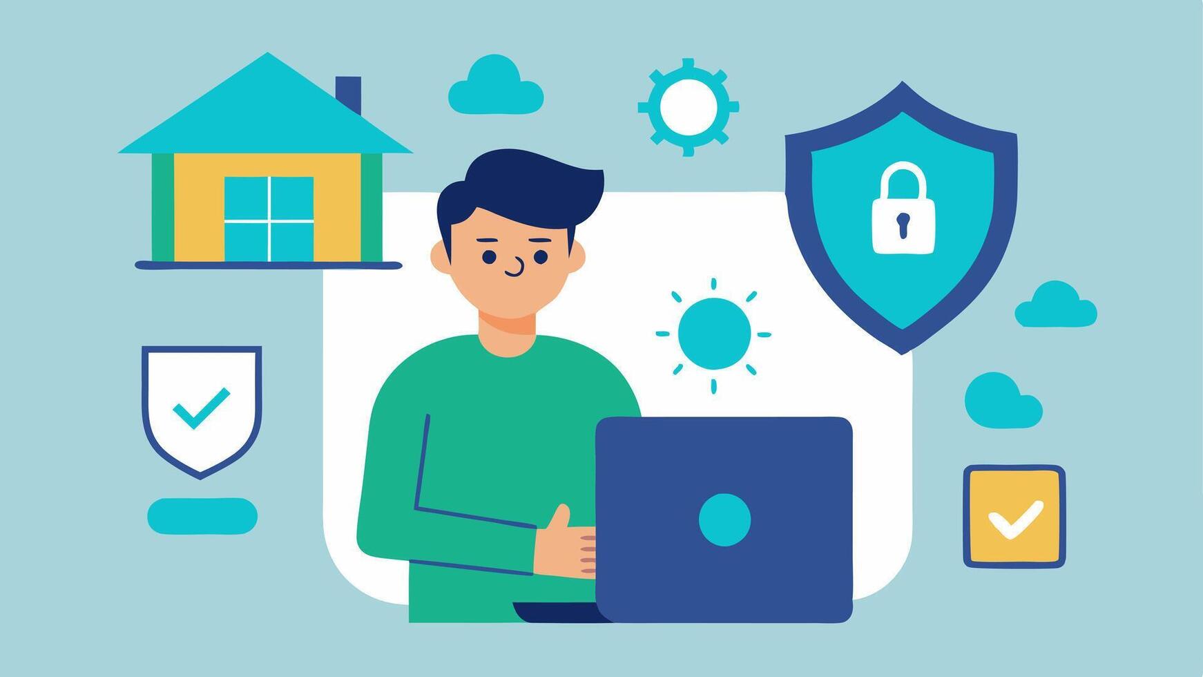 Security Advice A technician illustrating cybersecurity tips to a home user with visual elements like lock icons firewalls and antivirus shields.. vector