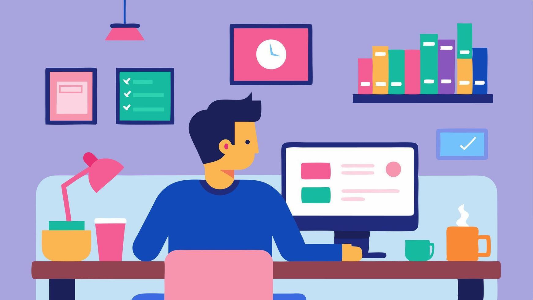 Workspace Setup A cozy home office scene featuring a designer at a desk with a large monitor displaying colorful app mockups sketchbooks and design tools tered around.. vector