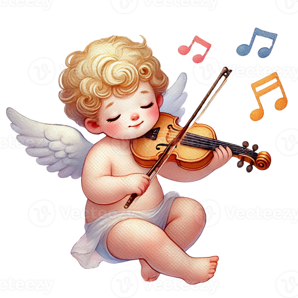 A cherubic angel playing the violin with joy and musical notes. Valentine's cartoon character. png
