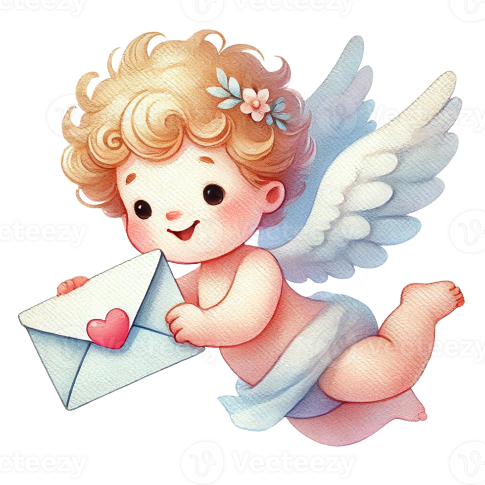 A cute angel carrying a love letter, symbolizing affection. Valentine's cartoon character. png