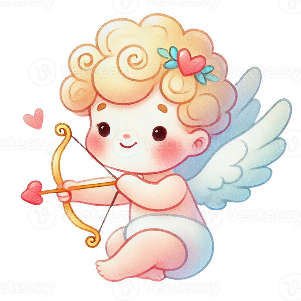 Charming cupid character with heart symbols and a bow. Valentine's cartoon character. png